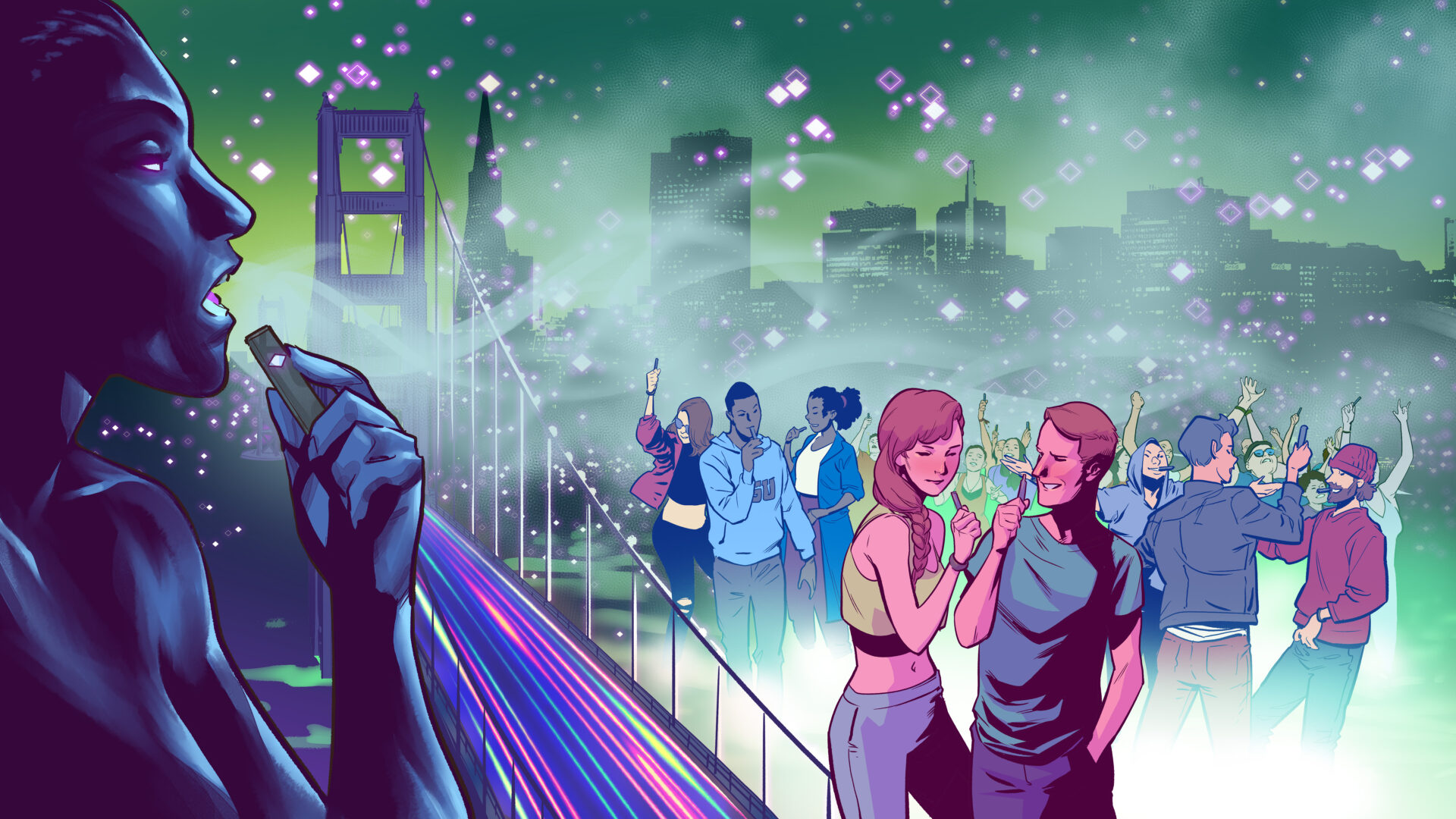 Illustration of young people with vape pens, dancing in a sparkling fog before a city skyline.