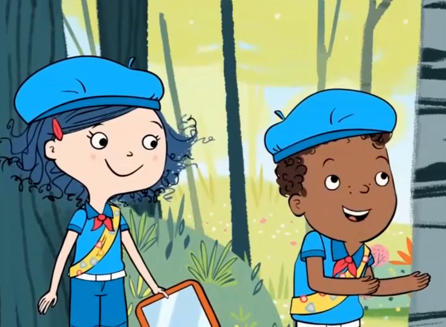 Illustration of two children from the Dot television series in blue scout uniforms, smiling in a stylistic forest.