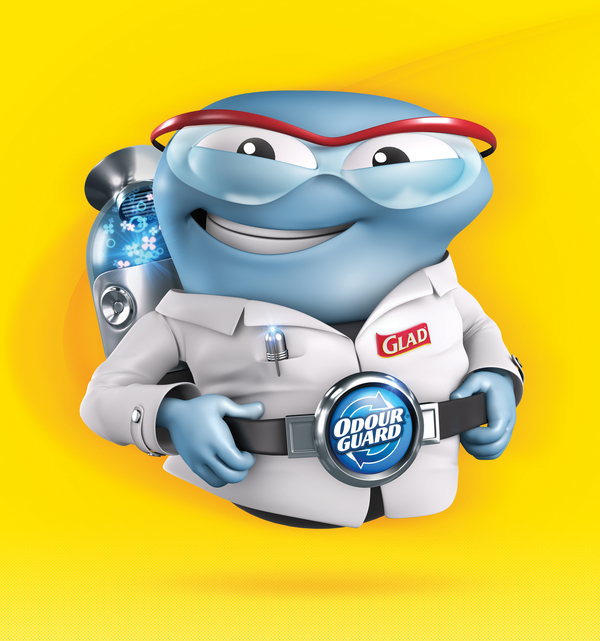 3D rendering of the Glad Odour Guard mascot: a blue alien-looking fellow with safety glasses, a lab coat, and a power-pack on their back.