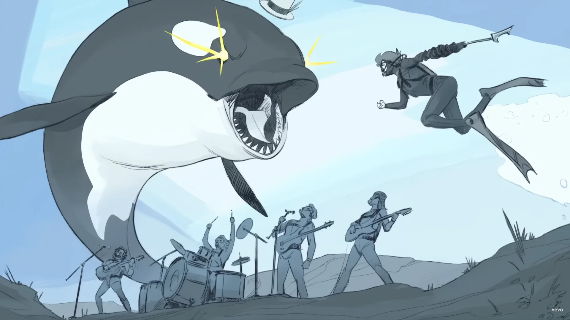 Sketch art of a band playing underwater as an orca with glowing eyes and a top hat fights a woman in scuba gear holding a spear.